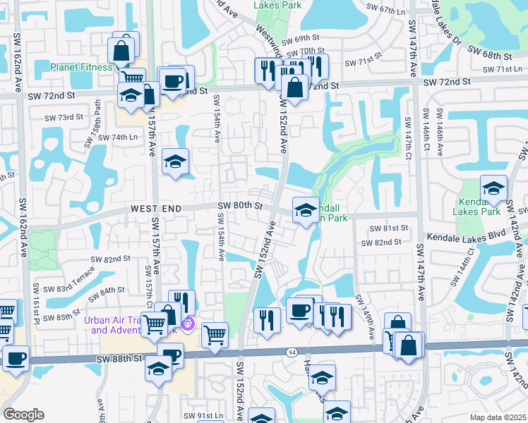 map of restaurants, bars, coffee shops, grocery stores, and more near 8014 Southwest 151st Court in Miami