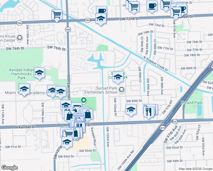 map of restaurants, bars, coffee shops, grocery stores, and more near 8222 Southwest 103rd Avenue in Miami
