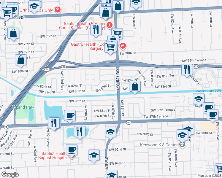 map of restaurants, bars, coffee shops, grocery stores, and more near 8780 Southwest 84th Street in Miami