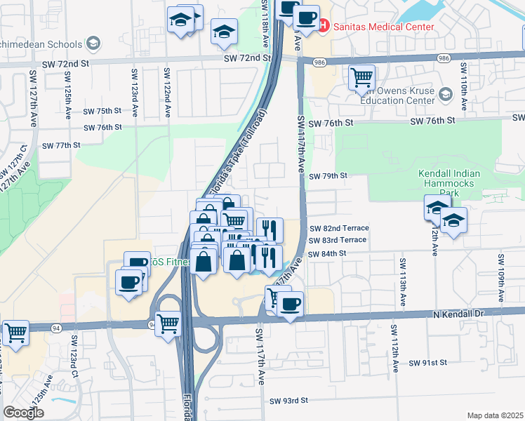 map of restaurants, bars, coffee shops, grocery stores, and more near 11840 Southwest 80th Street in Miami