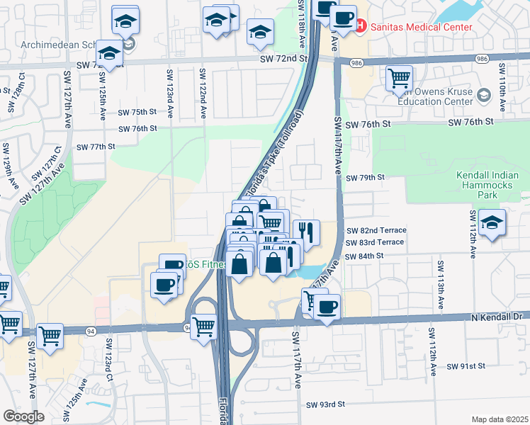map of restaurants, bars, coffee shops, grocery stores, and more near 11916 Southwest 81st Lane in Miami