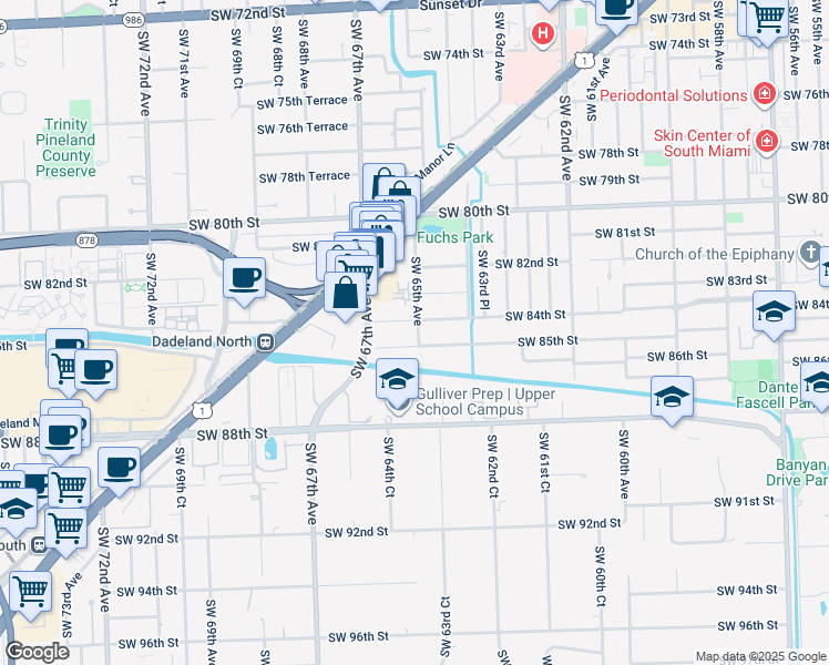 map of restaurants, bars, coffee shops, grocery stores, and more near 6525 Southwest 85th Street in Miami