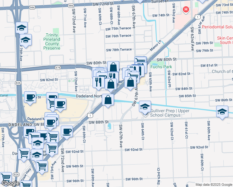 map of restaurants, bars, coffee shops, grocery stores, and more near 8455 South Dixie Highway in Miami