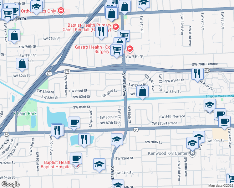 map of restaurants, bars, coffee shops, grocery stores, and more near 8780 Southwest 84th Street in Miami