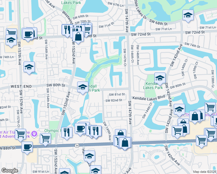 map of restaurants, bars, coffee shops, grocery stores, and more near 14820 Southwest 80th Street in Miami