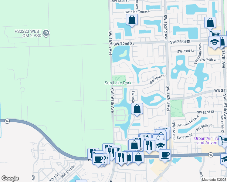 map of restaurants, bars, coffee shops, grocery stores, and more near 16634 Southwest 79th Terrace in Miami