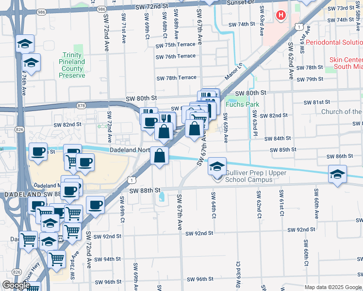 map of restaurants, bars, coffee shops, grocery stores, and more near 8455 South Dixie Highway in Miami