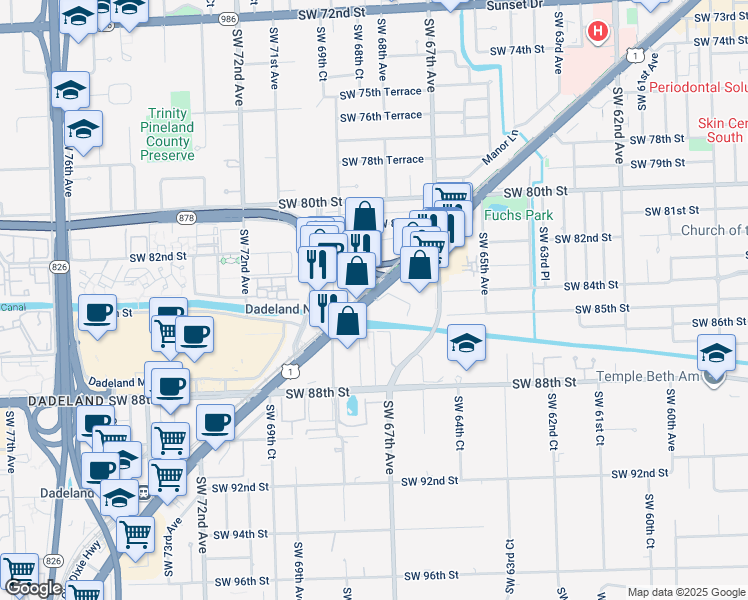 map of restaurants, bars, coffee shops, grocery stores, and more near 8455 South Dixie Highway in Miami