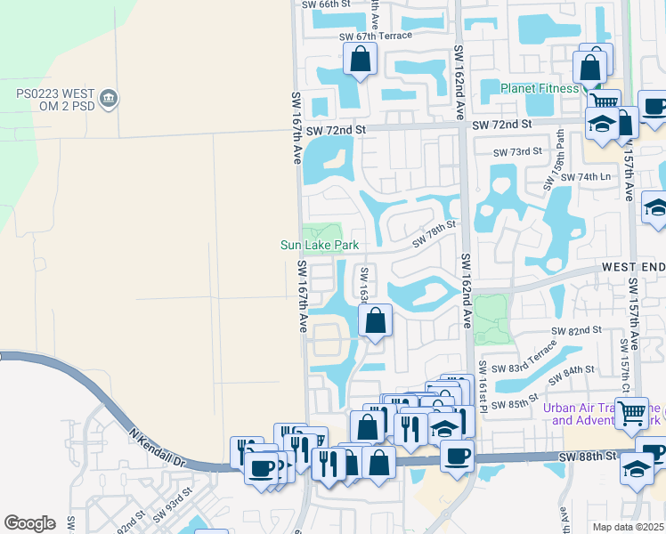 map of restaurants, bars, coffee shops, grocery stores, and more near 5434 Southwest 165th Court in Miami