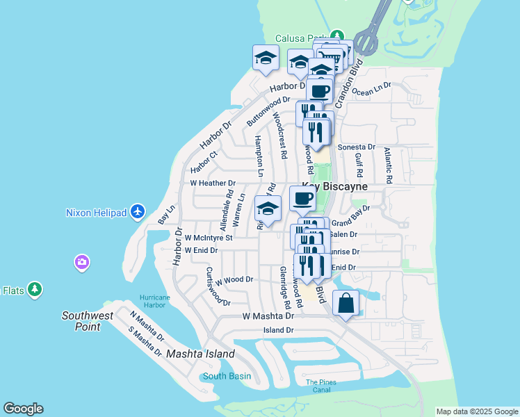 map of restaurants, bars, coffee shops, grocery stores, and more near 462 Ridgewood Road in Key Biscayne