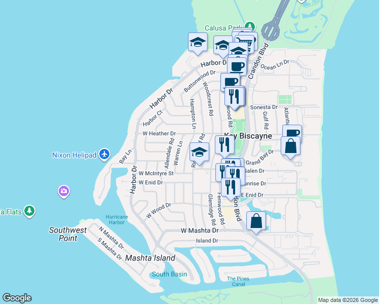 map of restaurants, bars, coffee shops, grocery stores, and more near 482 Ridgewood Road in Key Biscayne