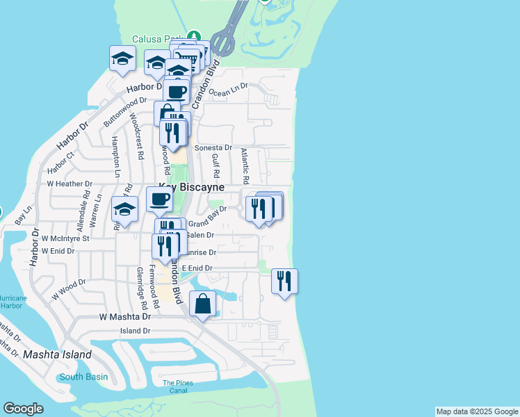 map of restaurants, bars, coffee shops, grocery stores, and more near 455 Grand Bay Drive in Key Biscayne