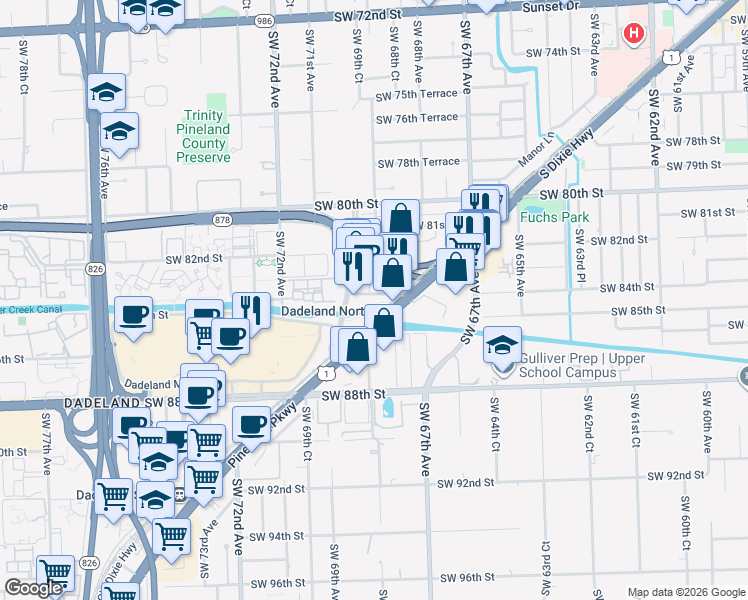 map of restaurants, bars, coffee shops, grocery stores, and more near 8300 South Dixie Highway in Miami