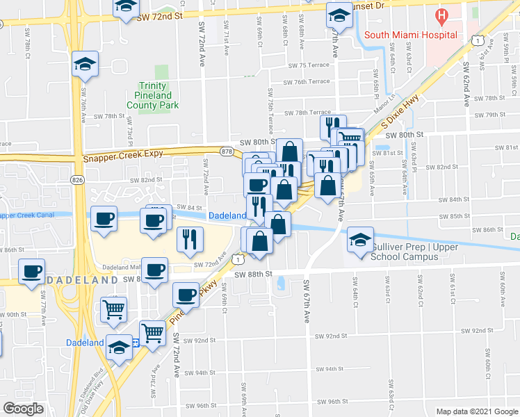 map of restaurants, bars, coffee shops, grocery stores, and more near 8300 South Dixie Highway in Miami