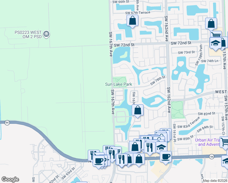 map of restaurants, bars, coffee shops, grocery stores, and more near 16634 Southwest 79th Terrace in Miami