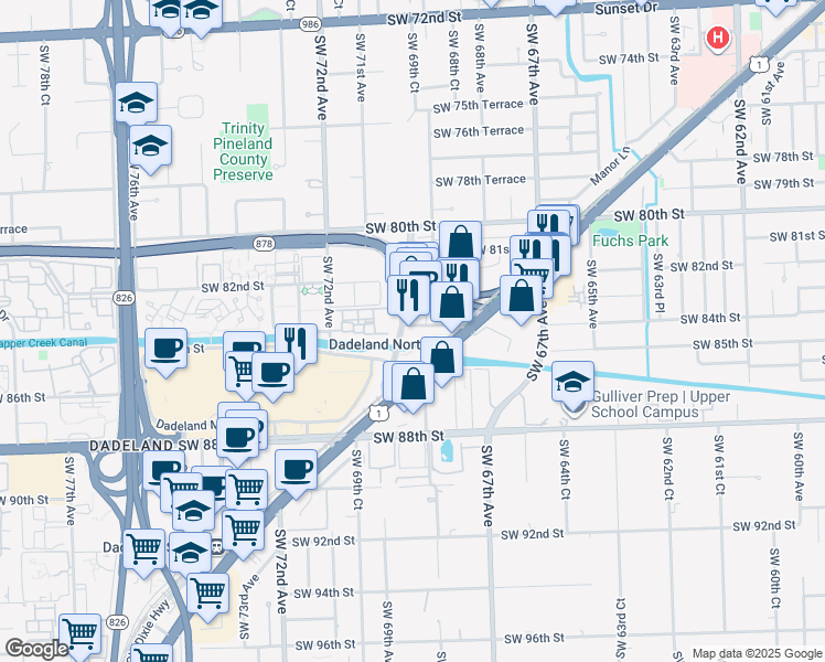map of restaurants, bars, coffee shops, grocery stores, and more near 8440 South Dixie Highway in Miami