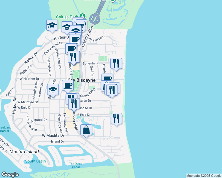 map of restaurants, bars, coffee shops, grocery stores, and more near 455 Grand Bay Drive in Key Biscayne