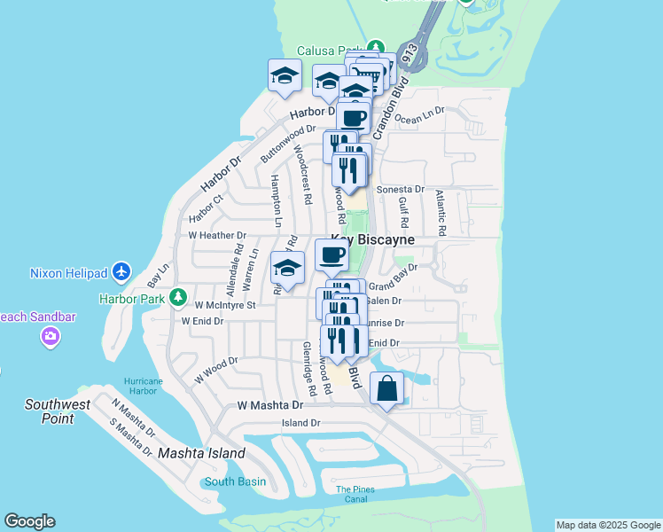 map of restaurants, bars, coffee shops, grocery stores, and more near 10 Village Green Way in Key Biscayne