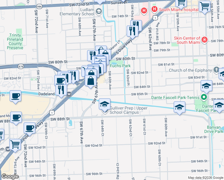 map of restaurants, bars, coffee shops, grocery stores, and more near 6481 Southwest 85th Street in Miami