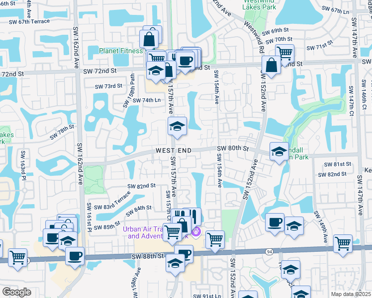 map of restaurants, bars, coffee shops, grocery stores, and more near 15505 Southwest 77th Terrace in Miami