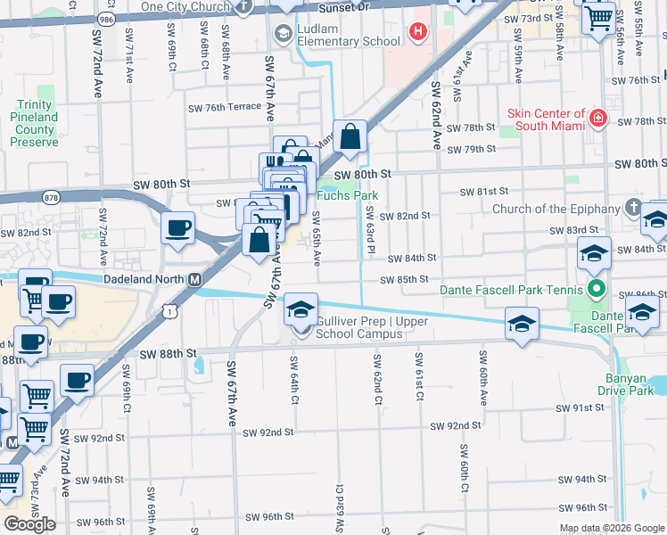 map of restaurants, bars, coffee shops, grocery stores, and more near 6481 Southwest 85th Street in Miami