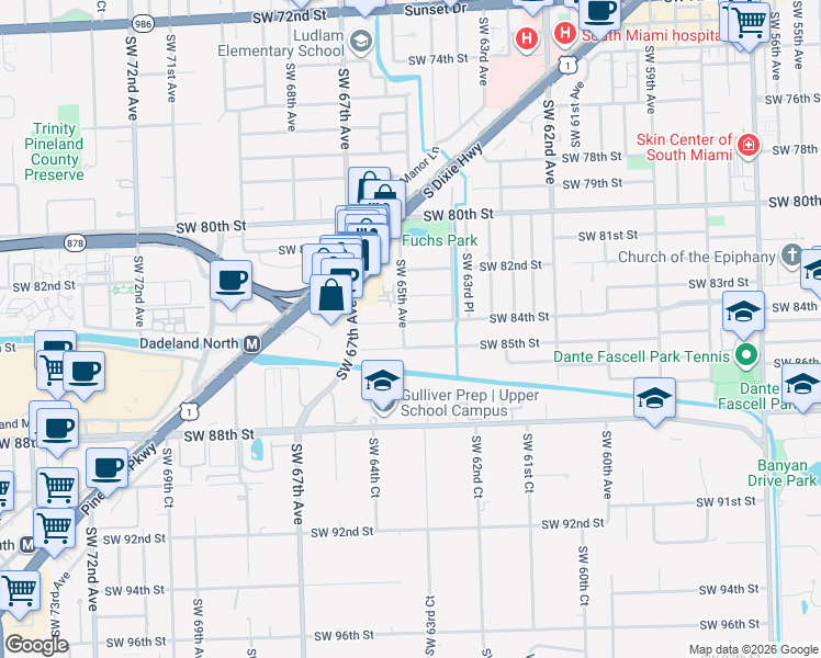 map of restaurants, bars, coffee shops, grocery stores, and more near 6481 Southwest 85th Street in Miami