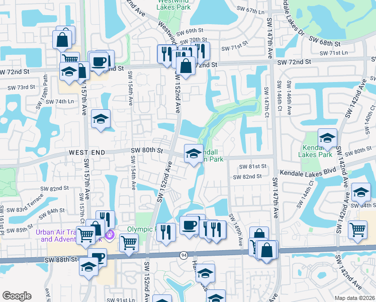 map of restaurants, bars, coffee shops, grocery stores, and more near 1018 Southwest 150th Avenue in Miami