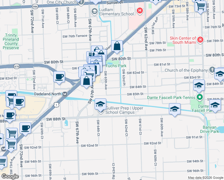 map of restaurants, bars, coffee shops, grocery stores, and more near 6481 Southwest 85th Street in Miami