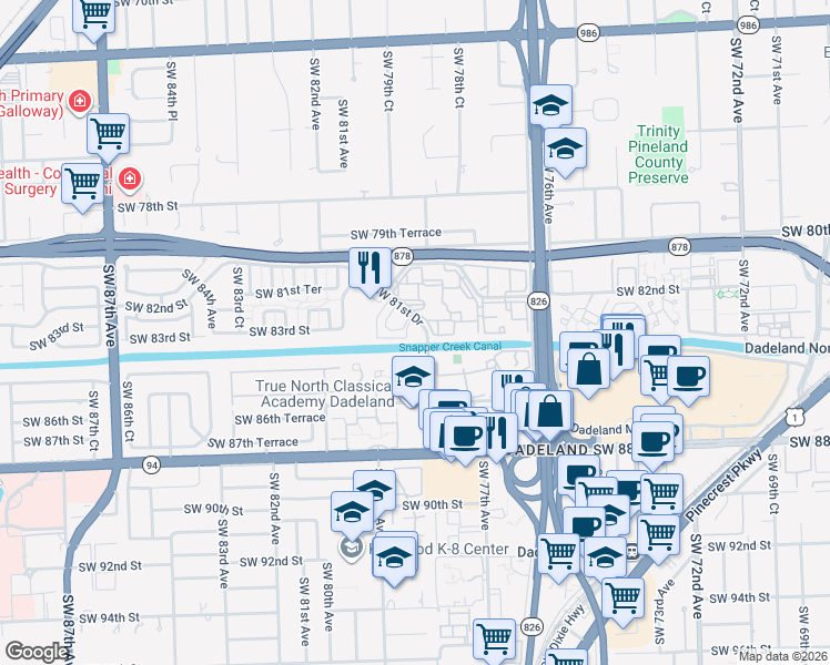 map of restaurants, bars, coffee shops, grocery stores, and more near 7925 Southwest 79th Avenue in Miami