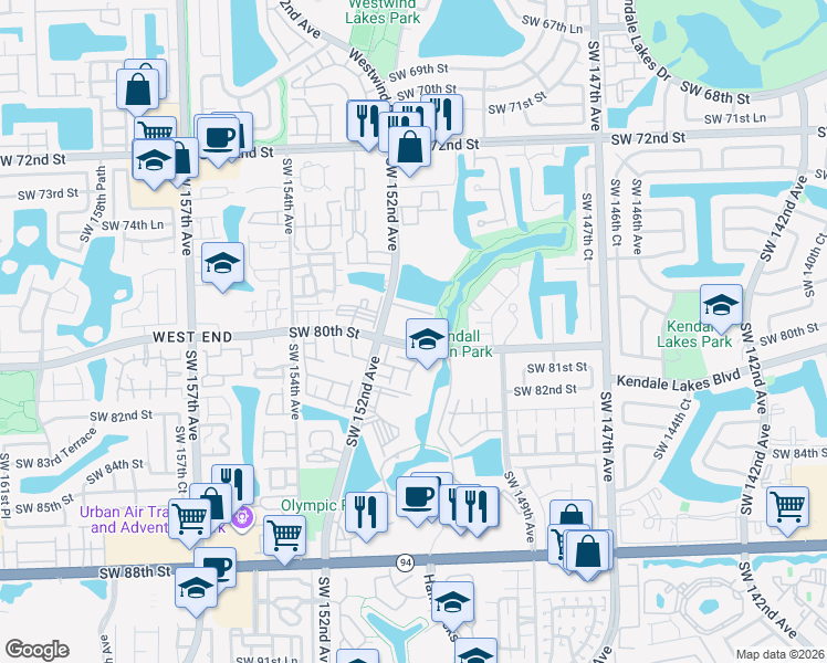 map of restaurants, bars, coffee shops, grocery stores, and more near 1018 Southwest 150th Avenue in Miami
