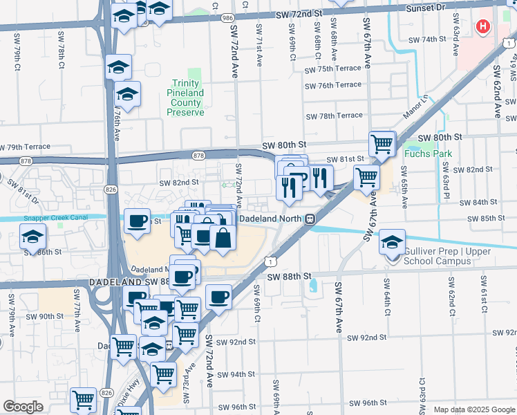 map of restaurants, bars, coffee shops, grocery stores, and more near 8335 Southwest 72nd Avenue in Miami