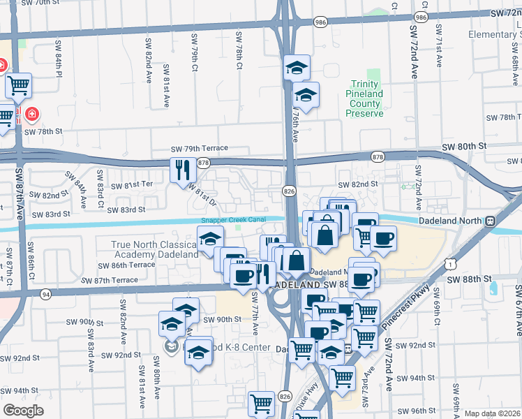 map of restaurants, bars, coffee shops, grocery stores, and more near 7725 Southwest 86th Street in Miami