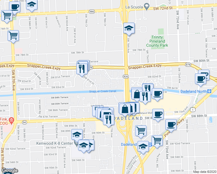 map of restaurants, bars, coffee shops, grocery stores, and more near 7787 Southwest 86th Street in Miami