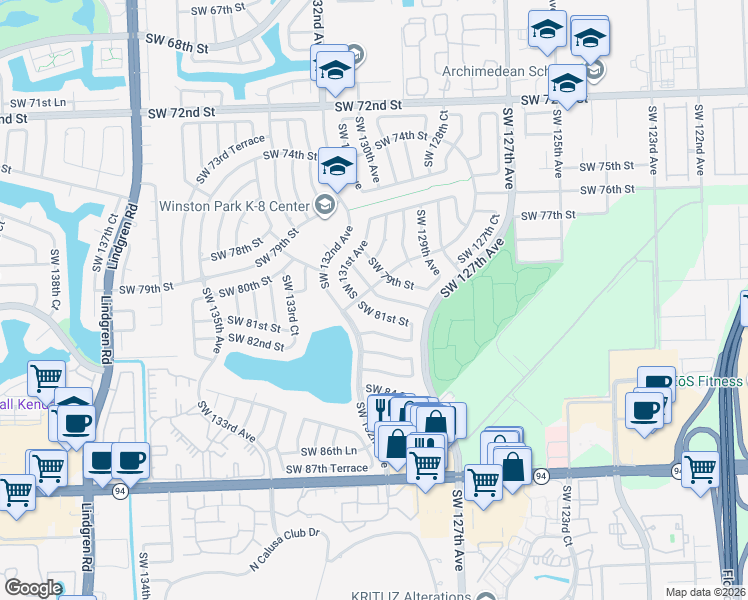 map of restaurants, bars, coffee shops, grocery stores, and more near 13040 Southwest 81st Street in Miami