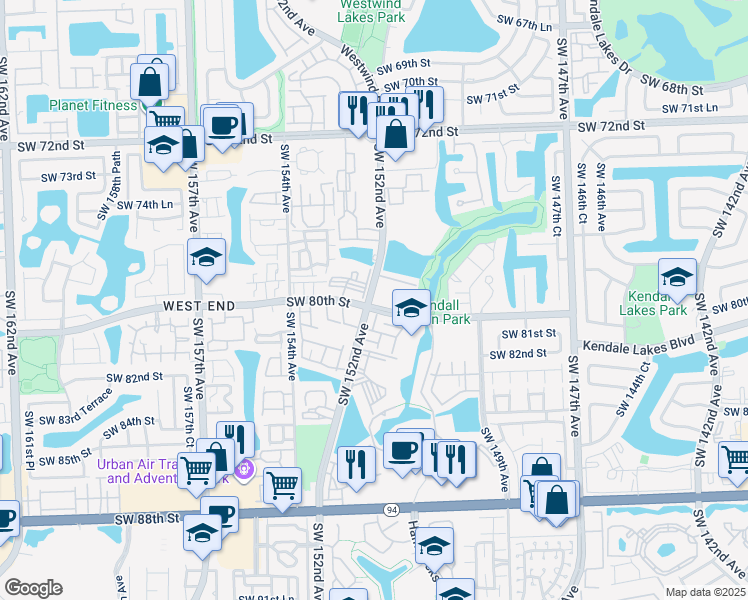 map of restaurants, bars, coffee shops, grocery stores, and more near 8014 Southwest 151st Court in Miami