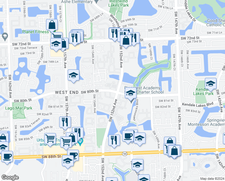 map of restaurants, bars, coffee shops, grocery stores, and more near 15260 Southwest 80th Street in Miami
