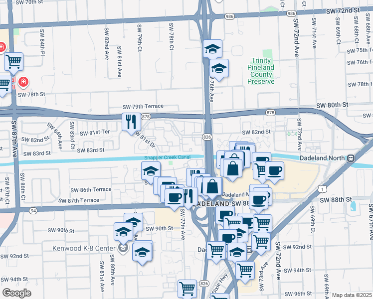map of restaurants, bars, coffee shops, grocery stores, and more near 7725 Southwest 86th Street in Miami