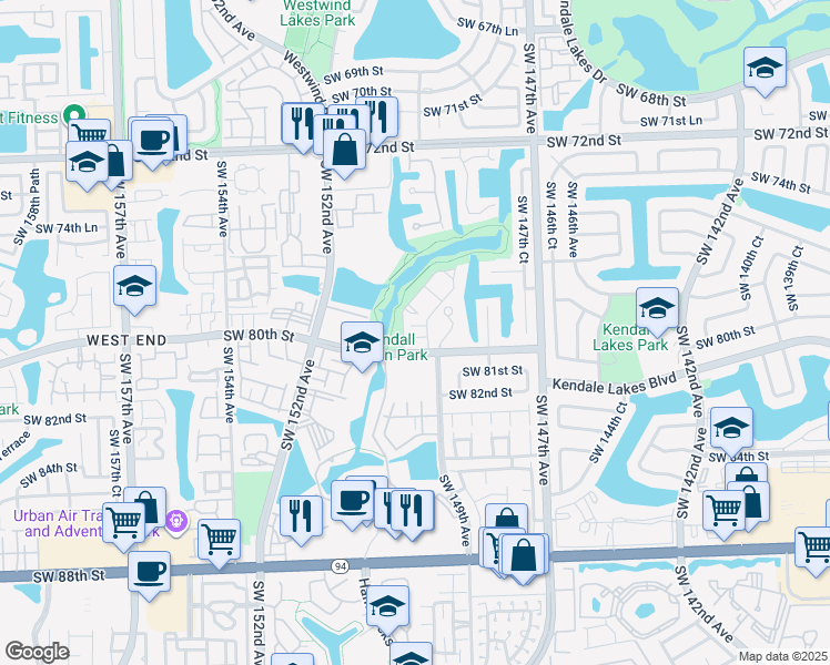 map of restaurants, bars, coffee shops, grocery stores, and more near 14911 Southwest 80th Street in Miami