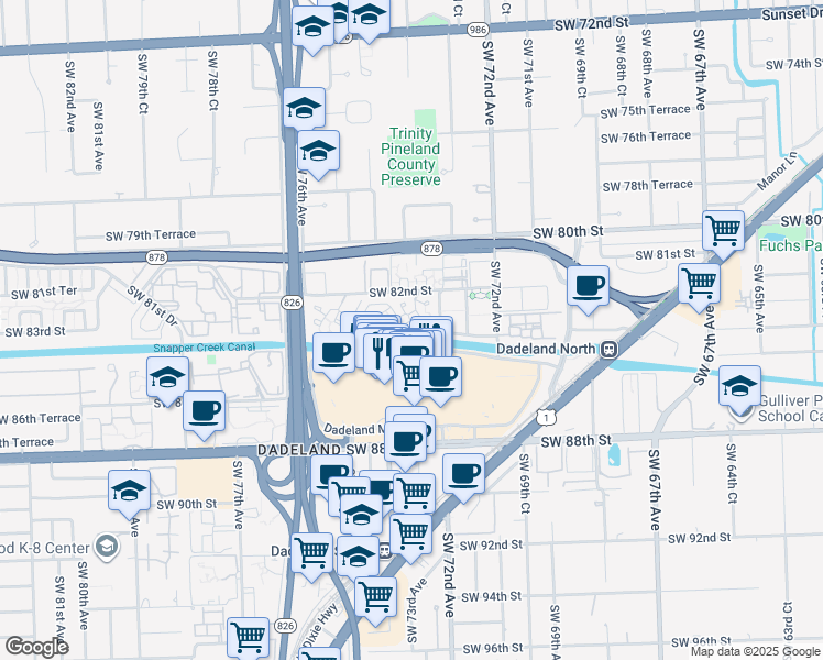 map of restaurants, bars, coffee shops, grocery stores, and more near 7360 Southwest 82nd Street in Miami