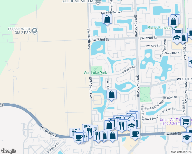 map of restaurants, bars, coffee shops, grocery stores, and more near 16613 Southwest 78th Terrace in Miami