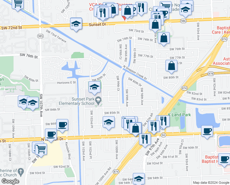 map of restaurants, bars, coffee shops, grocery stores, and more near 10000 Southwest 82nd Street in Miami