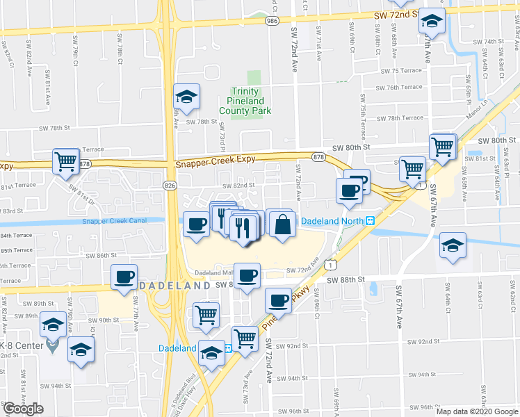 map of restaurants, bars, coffee shops, grocery stores, and more near 7324 Southwest 82nd Street in Miami