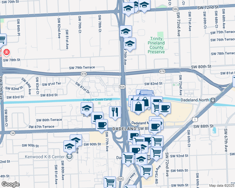 map of restaurants, bars, coffee shops, grocery stores, and more near 7700 Camino Real in Miami