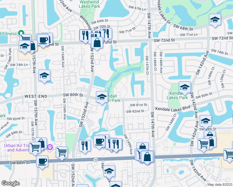 map of restaurants, bars, coffee shops, grocery stores, and more near 14911 Southwest 80th Street in Miami