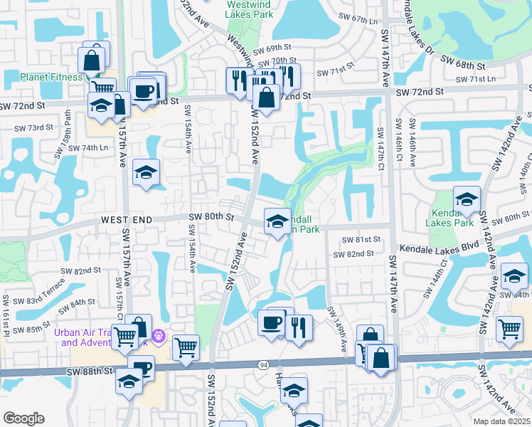 map of restaurants, bars, coffee shops, grocery stores, and more near 7805 Southwest 152nd Avenue in Miami