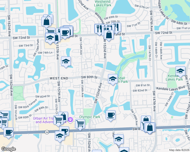 map of restaurants, bars, coffee shops, grocery stores, and more near 15305 Southwest 79th Terrace in Miami