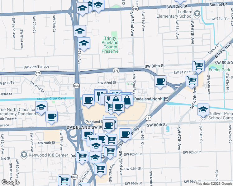 map of restaurants, bars, coffee shops, grocery stores, and more near 7324 Southwest 82nd Street in Miami