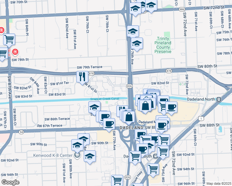 map of restaurants, bars, coffee shops, grocery stores, and more near Southwest 82nd Street in Miami