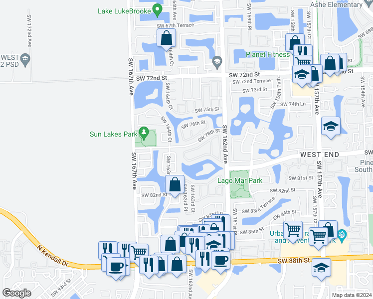 map of restaurants, bars, coffee shops, grocery stores, and more near 16361 Southwest 78th Terrace in Miami