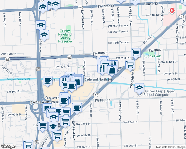map of restaurants, bars, coffee shops, grocery stores, and more near 8315 Southwest 72nd Avenue in Miami
